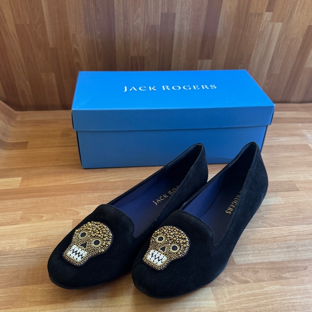 Jack Rogers Black Suede Pirate Skull Beaded Loafer Flats. Size 8.5